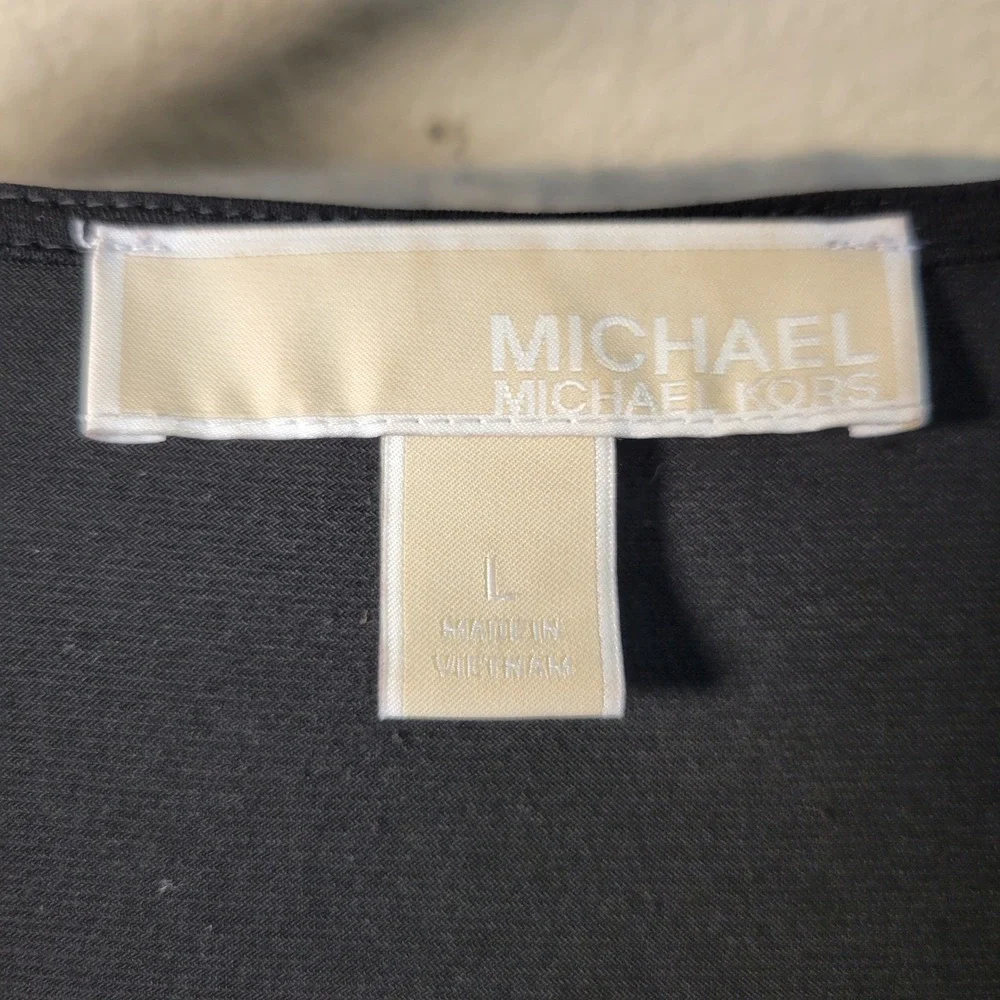 Michael Kors Black‎ Faux Wrap Dress Gold Grommet Hem Long Sleeve Size L Cocktail
